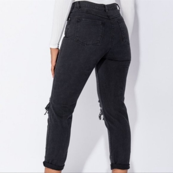 Black High Waist Ripped Distressed Cuffed Boyfriend Jeans Denim Pants - Picture 7 of 9